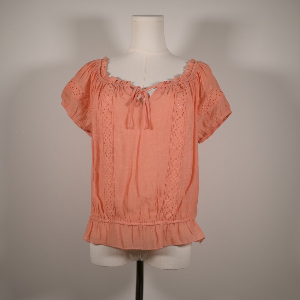 The General Good Coral Pink Eyelet Lace Peplum Blouse Large Short Sleeve Gauze